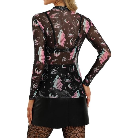 Women Black Specter Long Sleeve Mock Neck Fitted Sexy See Through Mesh Tops - Picture 7 of 7